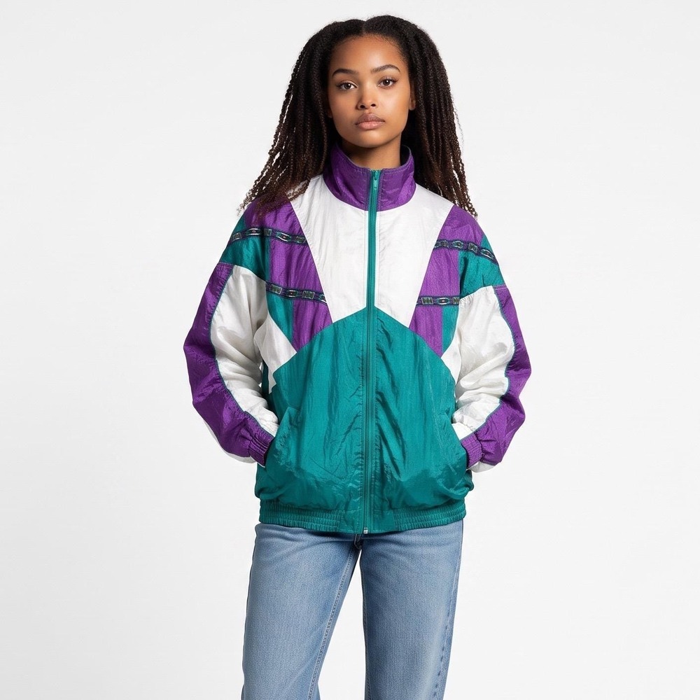 Vintage Bold Spirit Color Block Windbreaker Jacket Teal Purple White 90s Small